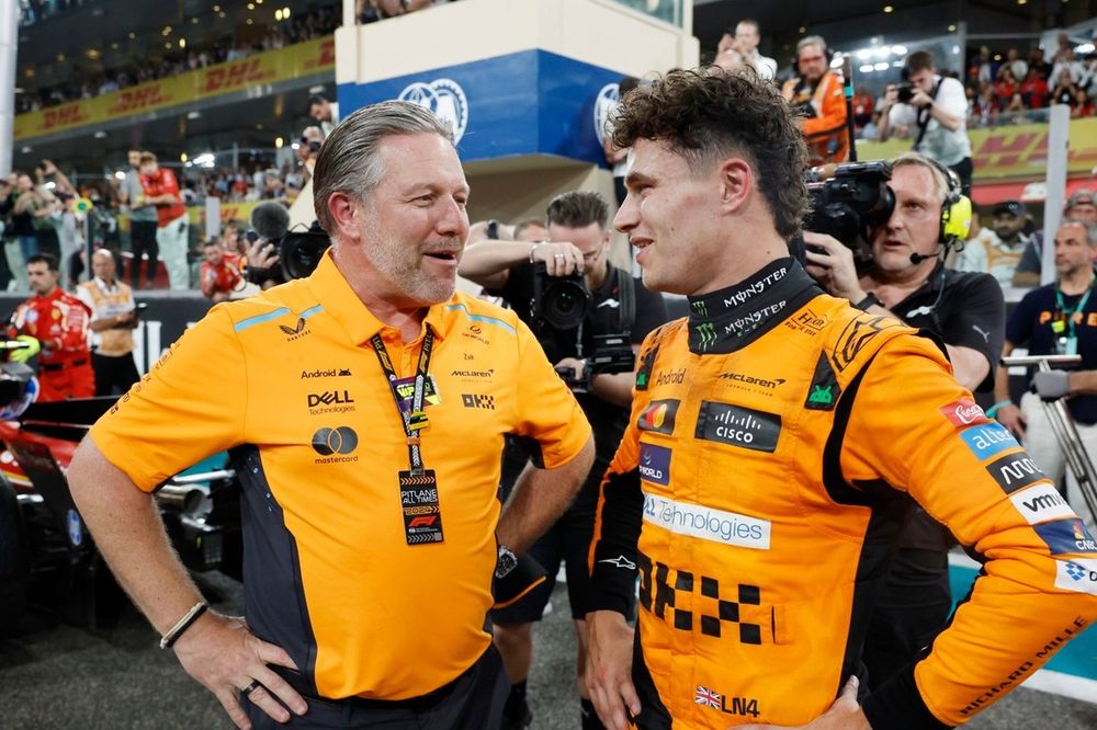 Zak Brown, CEO, McLaren Racing, Lando Norris, McLaren F1 Team, 1st position, celebrate after the race