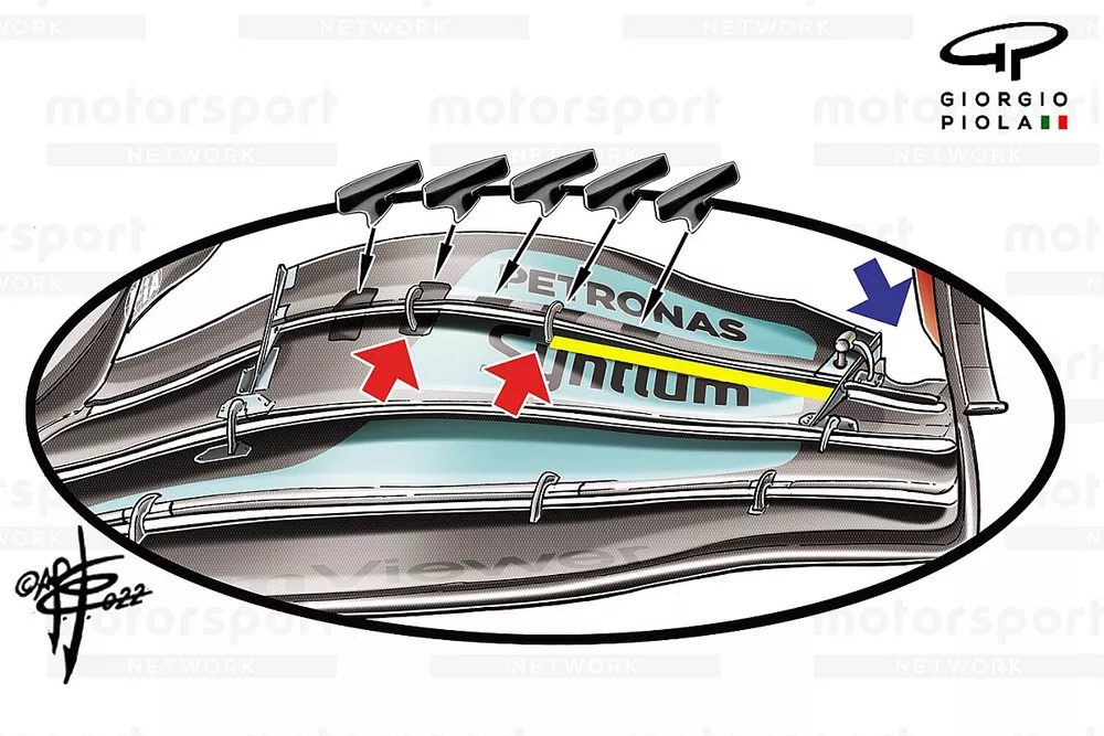Detalle del aler&oacute;n delantero del Mercedes W13, GP de M&eacute;xico