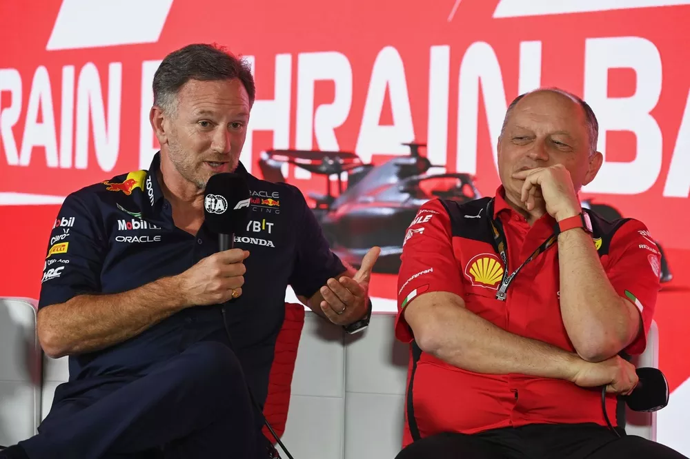 Christian Horner, Team Principal, Red Bull Racing, Frederic Vasseur, Team Principal and General Manager, Scuderia Ferrari, in a Press Conference