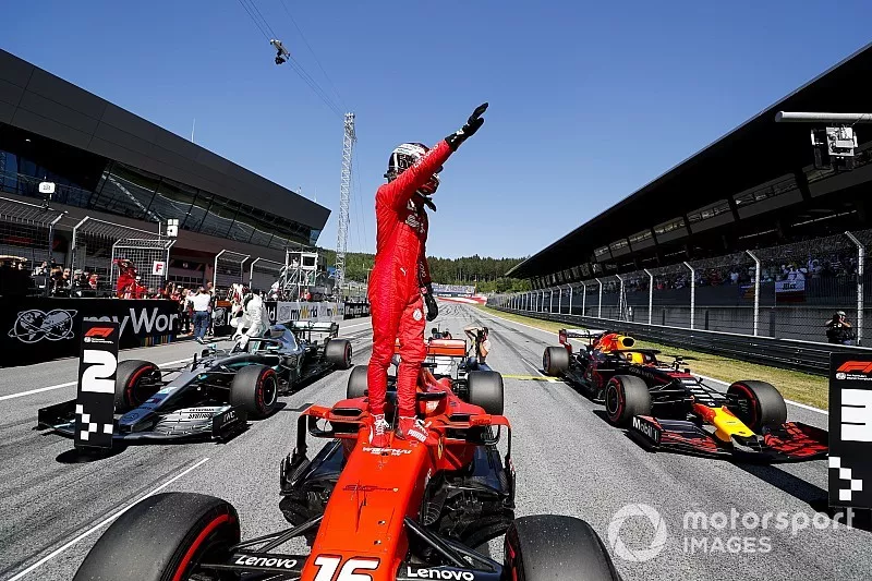 Pole Sitter Charles Leclerc, Ferrari celebrates in Parc Ferme 