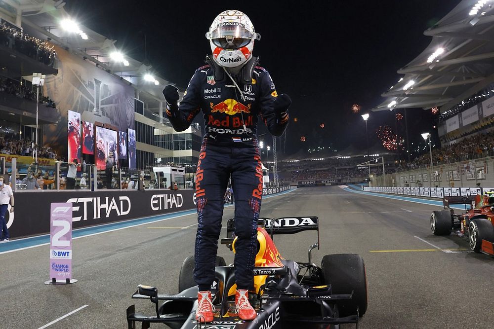 Max Verstappen, Red Bull Racing, 1st position, celebrates on arrival in Parc Ferme