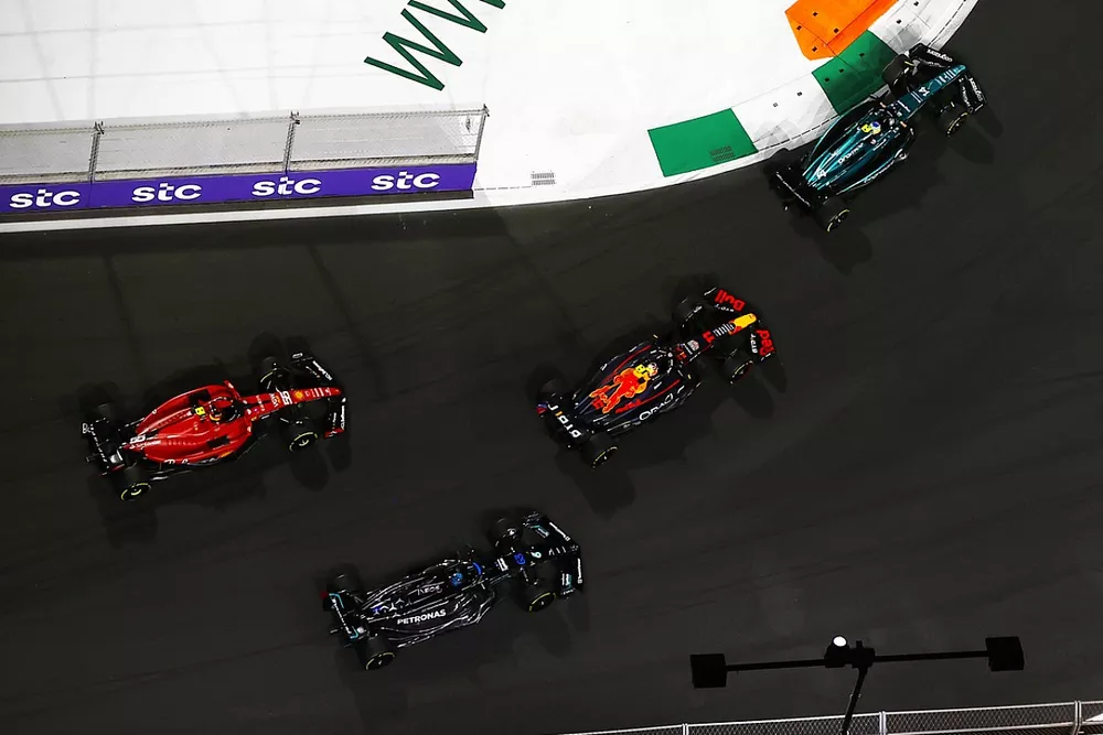 Fernando Alonso, Aston Martin AMR23, Sergio Perez, Red Bull Racing RB19, George Russell, Mercedes F1 W14, Carlos Sainz, Ferrari SF-23