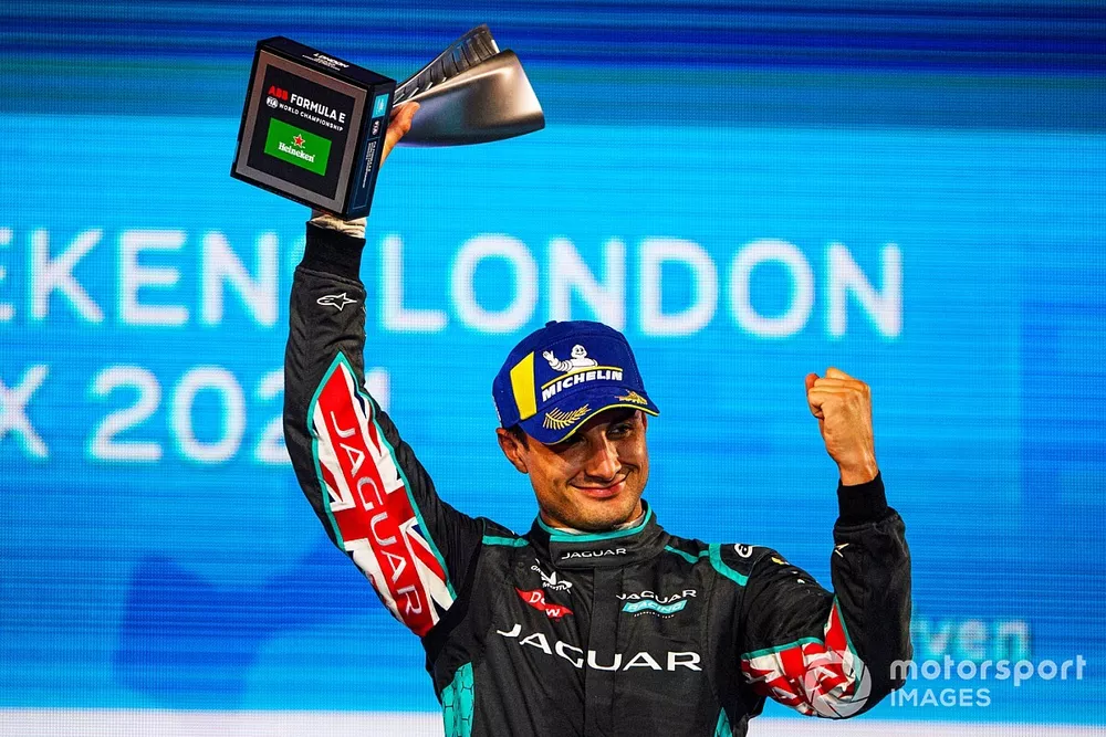 Mitch Evans, Jaguar Racing, third position, lifts his trophy