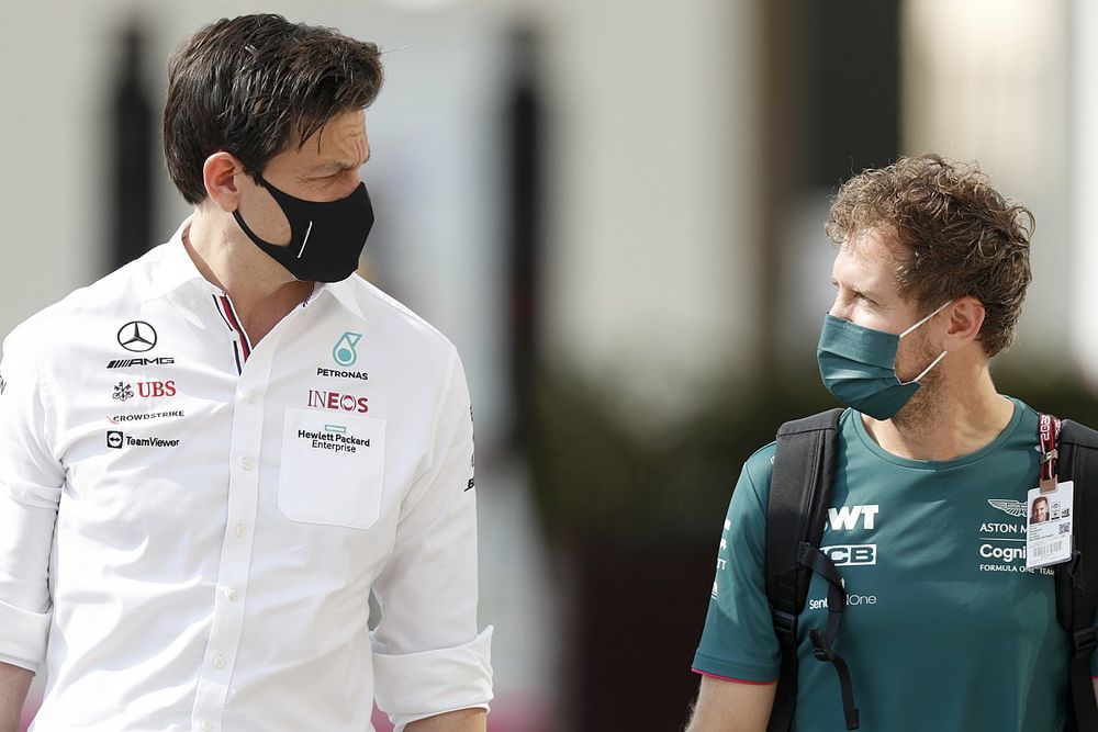 Toto Wolff, Team Principal and CEO, Mercedes AMG and Sebastian Vettel, Aston Martin