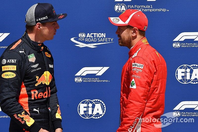 Max Verstappen, Red Bull Racing y Sebastian Vettel, Ferrari en parc ferme