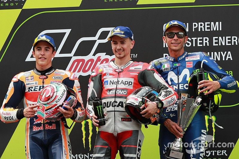 Podium: second place Marc Marquez, Repsol Honda Team, Race winner Jorge Lorenzo, Ducati Team, third place Valentino Rossi, Yamaha Factory Racing