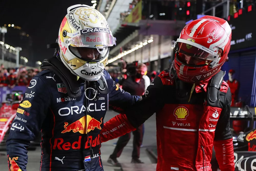 Max Verstappen, Red Bull Racing, 1st position, Charles Leclerc, Ferrari, 2nd position, congratulate each other in Parc Ferme