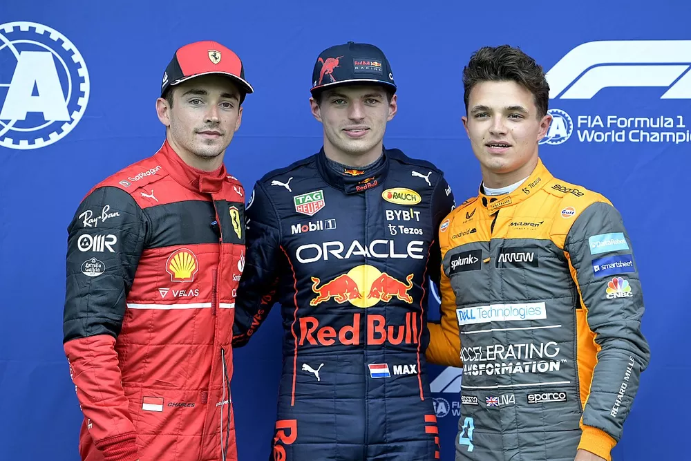 Top three qualifiers Charles Leclerc, Ferrari, pole man Max Verstappen, Red Bull Racing, Lando Norris, McLaren