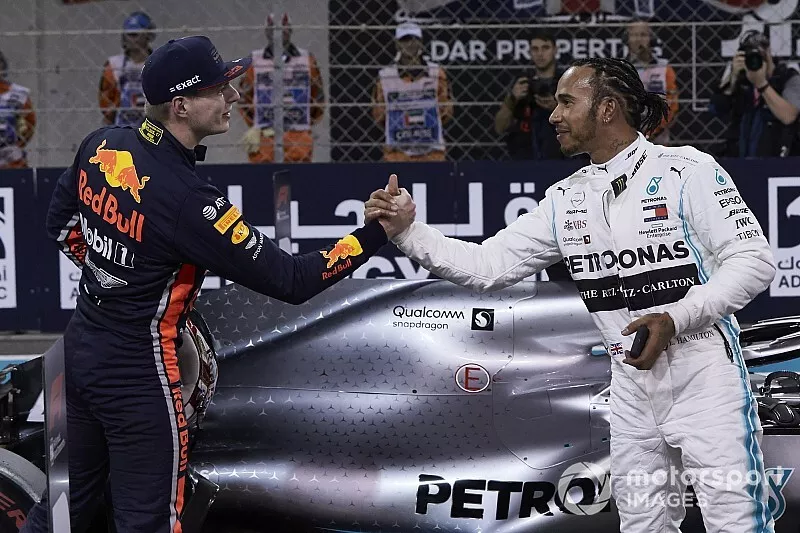 Max Verstappen, Red Bull Racing, congratulates Lewis Hamilton, Mercedes AMG F1, on securing pole