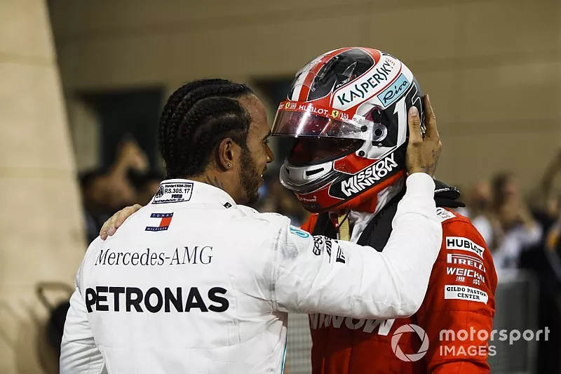 Lewis Hamilton, Mercedes AMG F1 and Charles Leclerc, Ferrari in parc ferme 