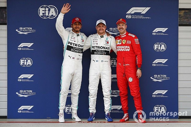 Polesitter Valtteri Bottas, Mercedes AMG F1, second Lewis Hamilton, Mercedes AMG F1, third Sebastian Vettel, Ferrari