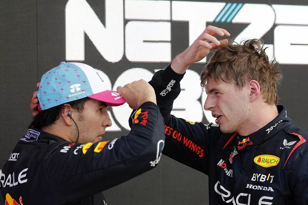 Sergio Perez, Red Bull Racing, 2nd position, Max Verstappen, Red Bull Racing, 1st position, talk in Parc Ferme