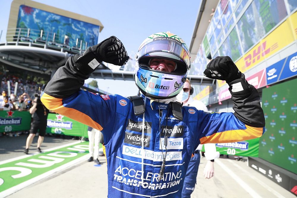 Daniel Ricciardo, McLaren, 1st position, celebrates on arrival in Parc Ferme