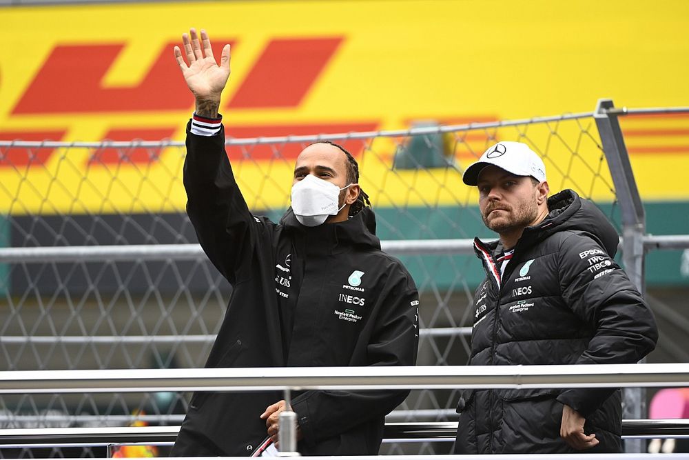 Lewis Hamilton, Mercedes, and Valtteri Bottas, Mercedes, in the drivers parade