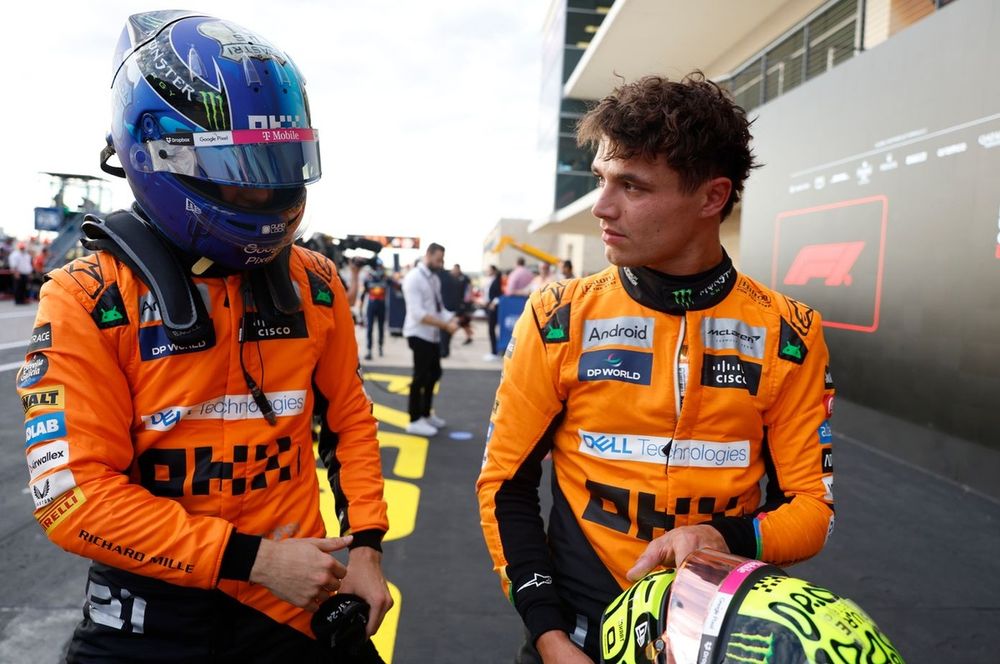 Oscar Piastri, McLaren F1 Team, chats with Pole man Lando Norris, McLaren F1 Team, in Parc Ferme 
