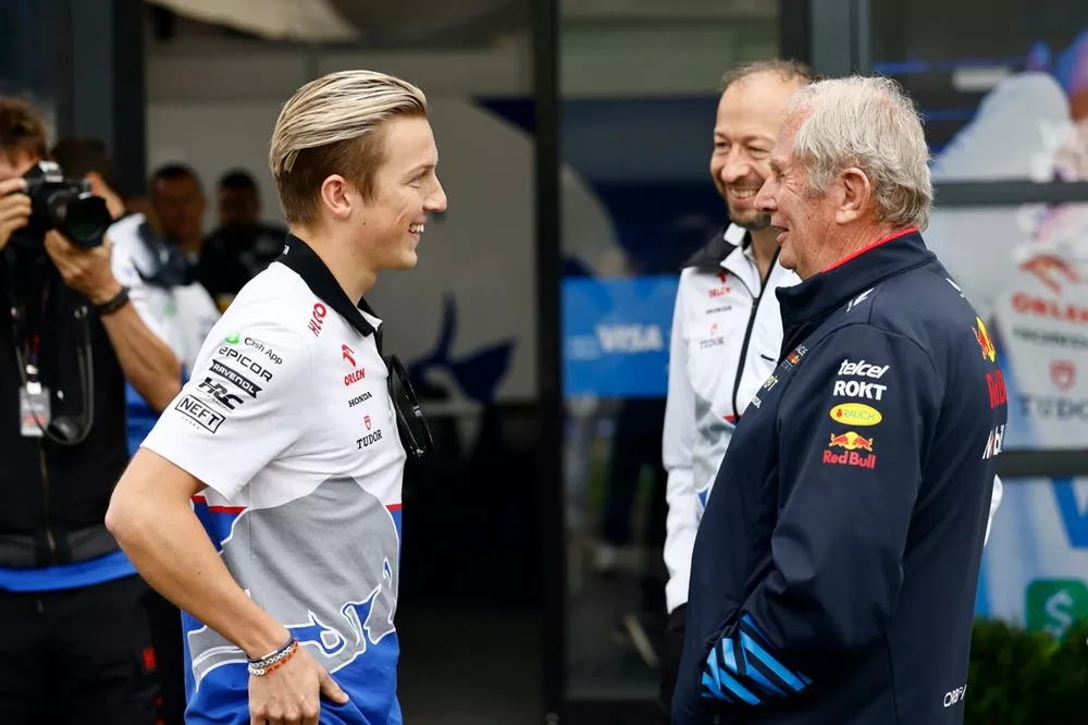 Liam Lawson, Reserve Driver, Visa Cash App RB F1 Team, with Helmut Marko, Consultant, Red Bull Racing, Peter Bayer, CEO, RB F1 Team 