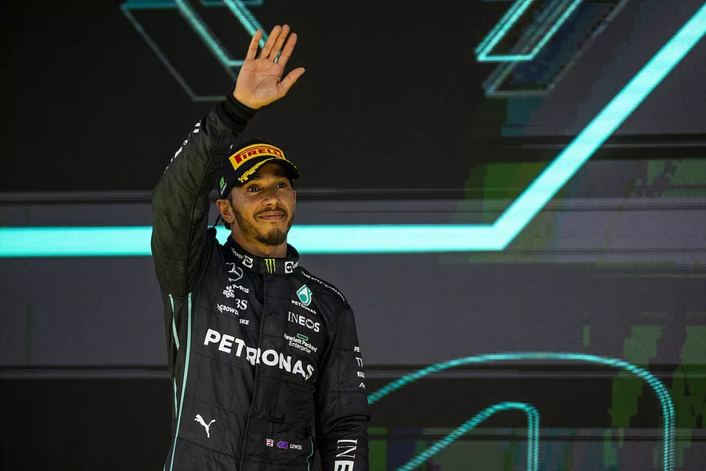Lewis Hamilton, Mercedes AMG, 2nd position, waves from the podium