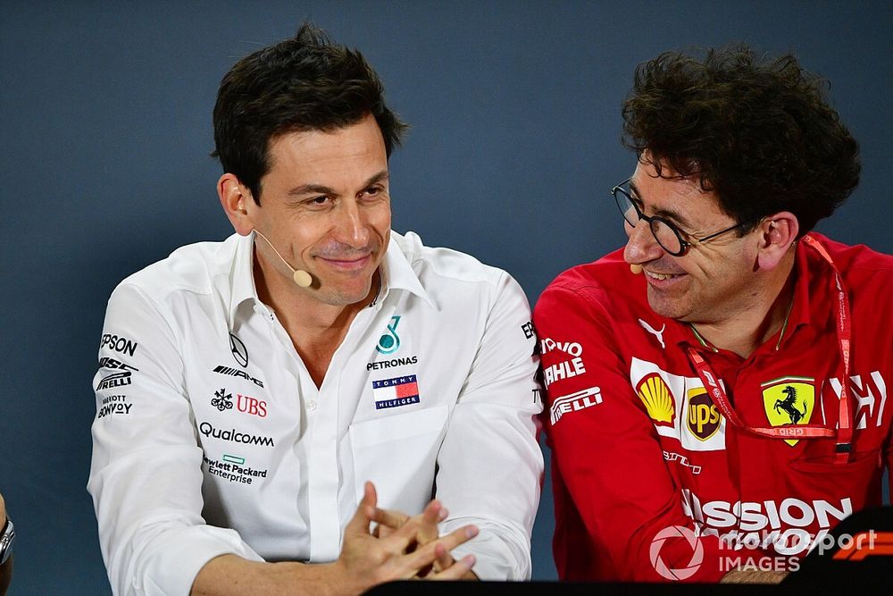 Toto Wolff, Executive Director (Business), Mercedes AMG, and Mattia Binotto, Team Principal Ferrari 