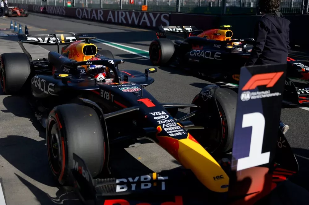 Pole man Max Verstappen, Red Bull Racing RB20, arrives in Parc Ferme 