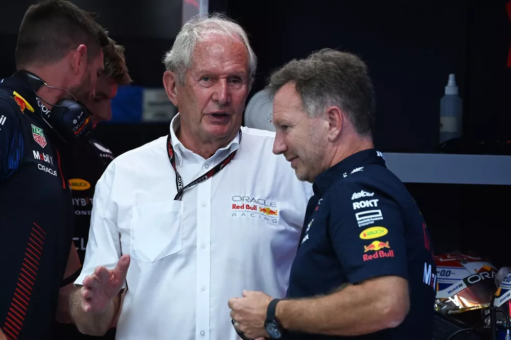 Helmut Marko, Consultant, Red Bull Racing, en Christian Horner, Team Principal, Red Bull Racing