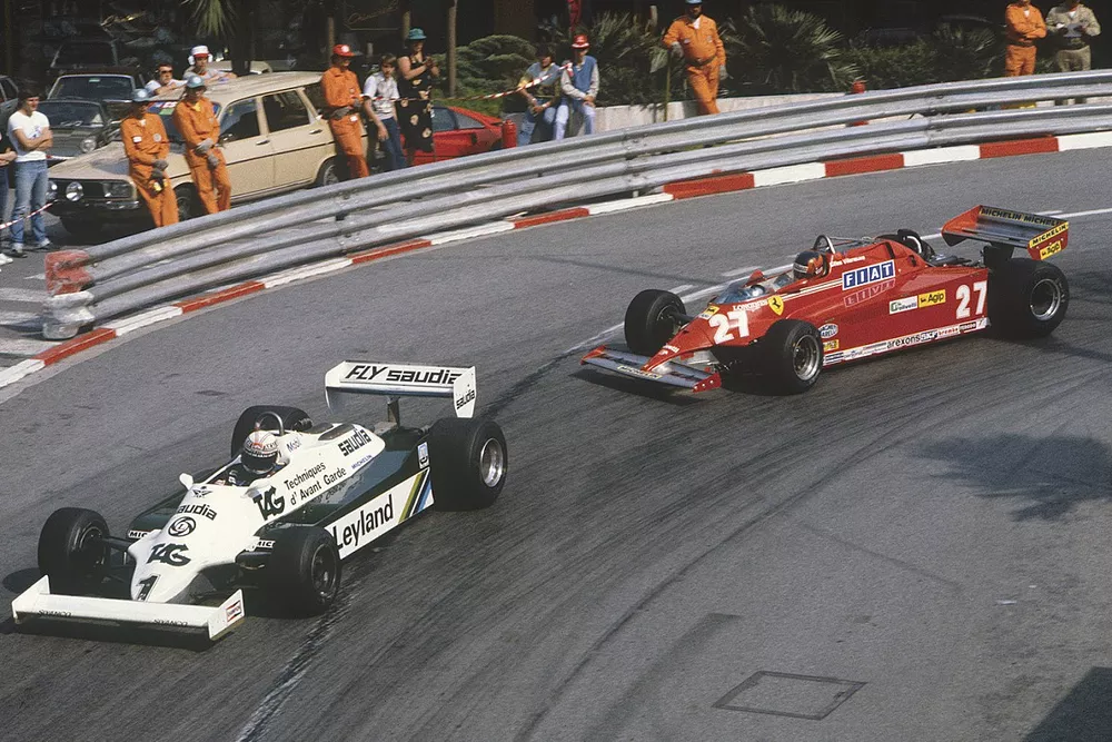 Alan Jones, Williams FW07C-Ford Cosworth, leads Gilles Villeneuve, Ferrari 126CK