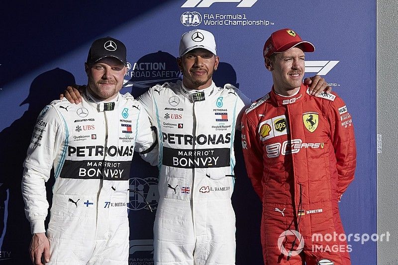 Top three Qualifiers Valtteri Bottas, Mercedes AMG F1, pole man Lewis Hamilton, Mercedes AMG F1, and Sebastian Vettel, Ferrari
