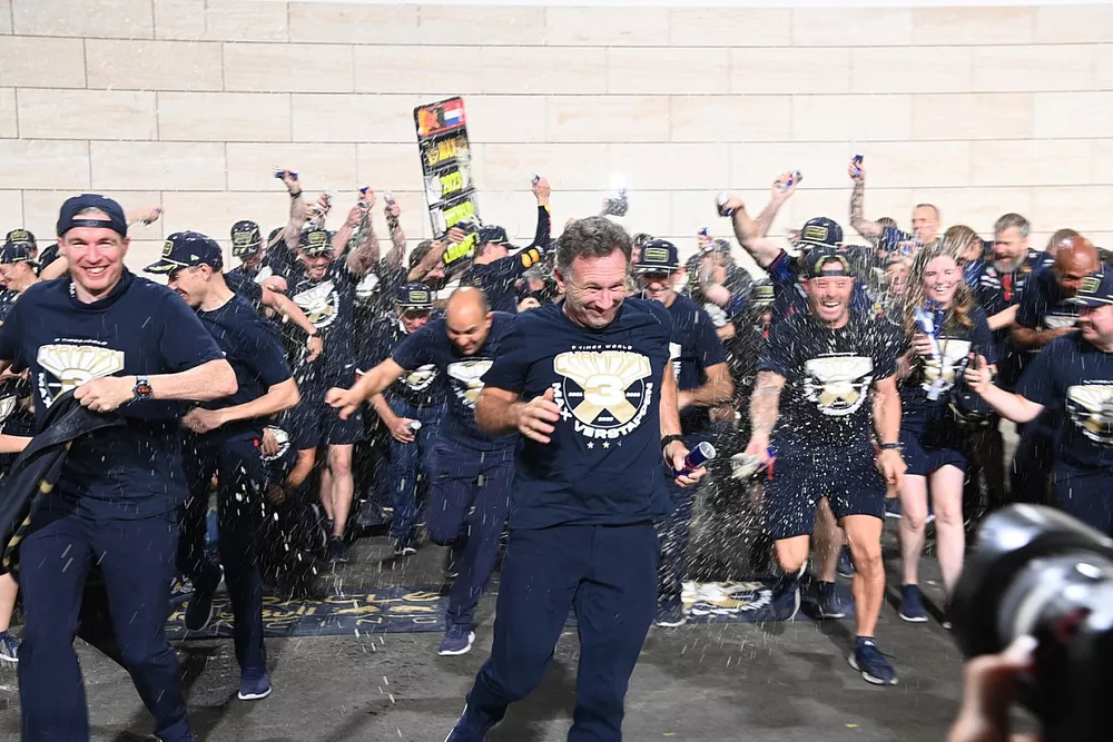 Christian Horner, Team Principal, Red Bull Racing, the Red Bull Racing team celebrate after securing the 2023 drivers world championship with Max Verstappen, Red Bull Racing