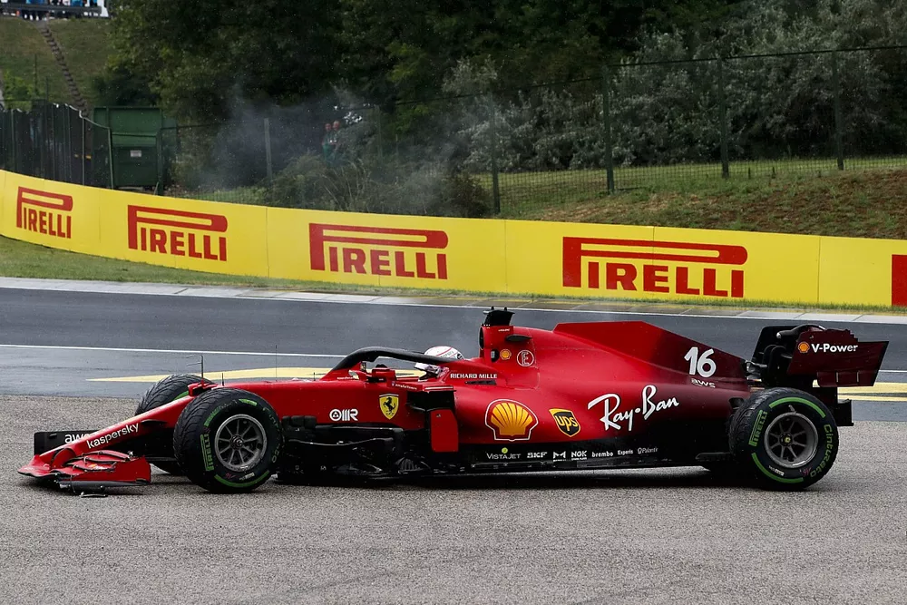Charles Leclerc, Ferrari SF21, comes to a halt with damage