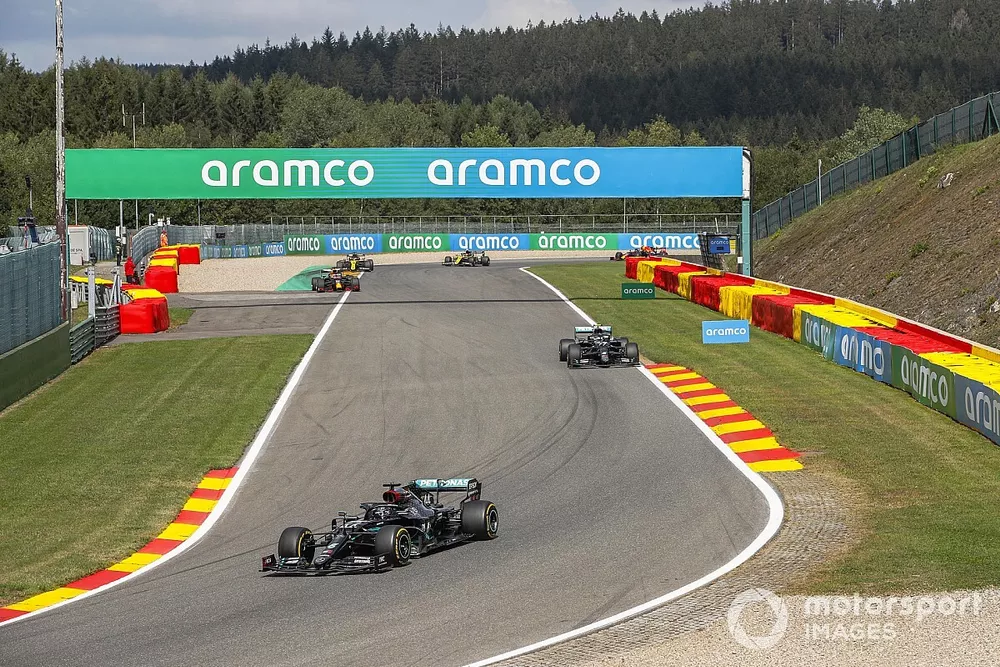 Lewis Hamilton, Mercedes F1 W11, Valtteri Bottas, Mercedes F1 W11, and Max Verstappen, Red Bull Racing RB16