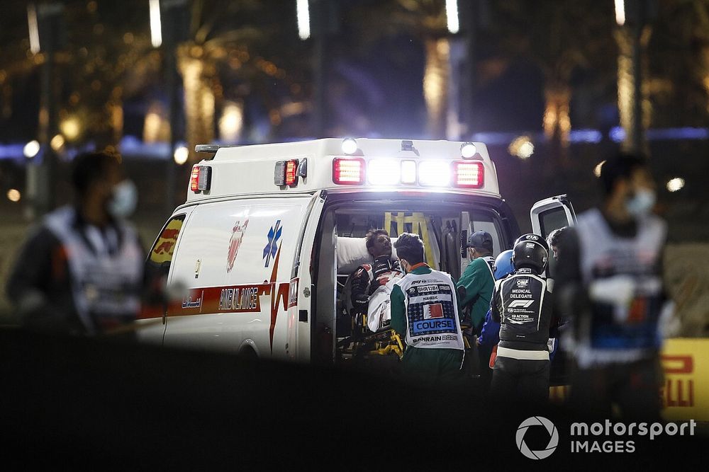 Romain Grosjean, Haas F1, in an ambulance after his huge opening lap crash