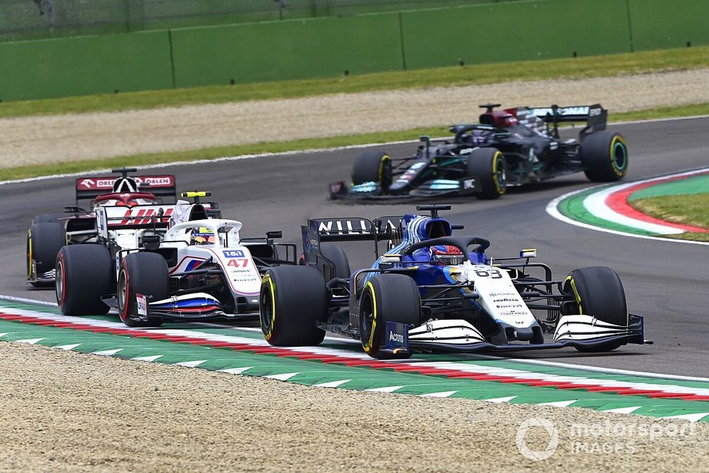 George Russell, Williams FW43B, Mick Schumacher, Haas VF-21, Kimi Raikkonen, Alfa Romeo Racing C41, and Lewis Hamilton, Mercedes W12