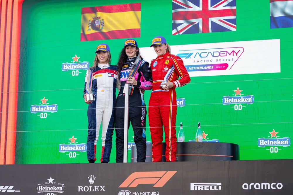 Abbi Pulling, Rodin Motorsport, 1st position, Nerea Marti, Campos Racing, 2nd position, and Maya Weug, Prema Racing, 3rd position, on the podium