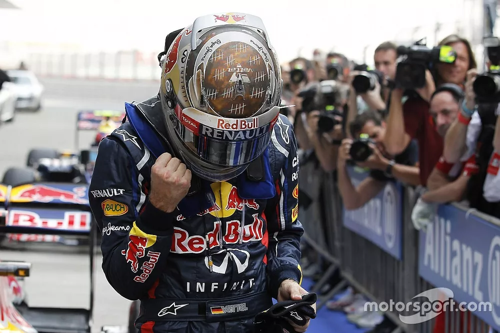 Sebastian Vettel, Red Bull Racing, celebrates pole in Parc Ferme