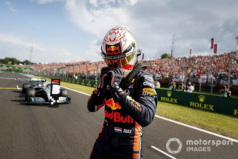 Max Verstappen, Red Bull Racing, celebrates after securing his first pole position