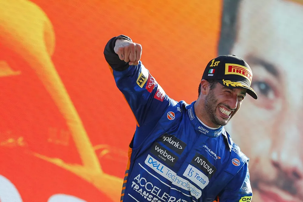 Daniel Ricciardo, McLaren, 1st position, celebrates on the podium