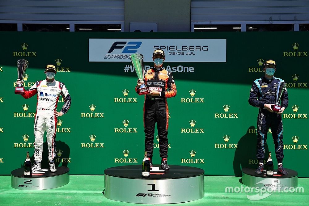 Podio: ganador de la carrera Felipe Drugovich, MP Motorsport, segundo lugar Louis Deletraz, Charouz Racing System, tercer lugar Dan Ticktum, DAMS