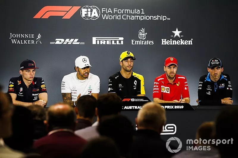 Max Verstappen, Red Bull Racing, Lewis Hamilton, Mercedes AMG F1, Daniel Ricciardo, Renault F1 Team, Sebastian Vettel, Ferrari and Robert Kubica, Williams Racing during Press Conference 