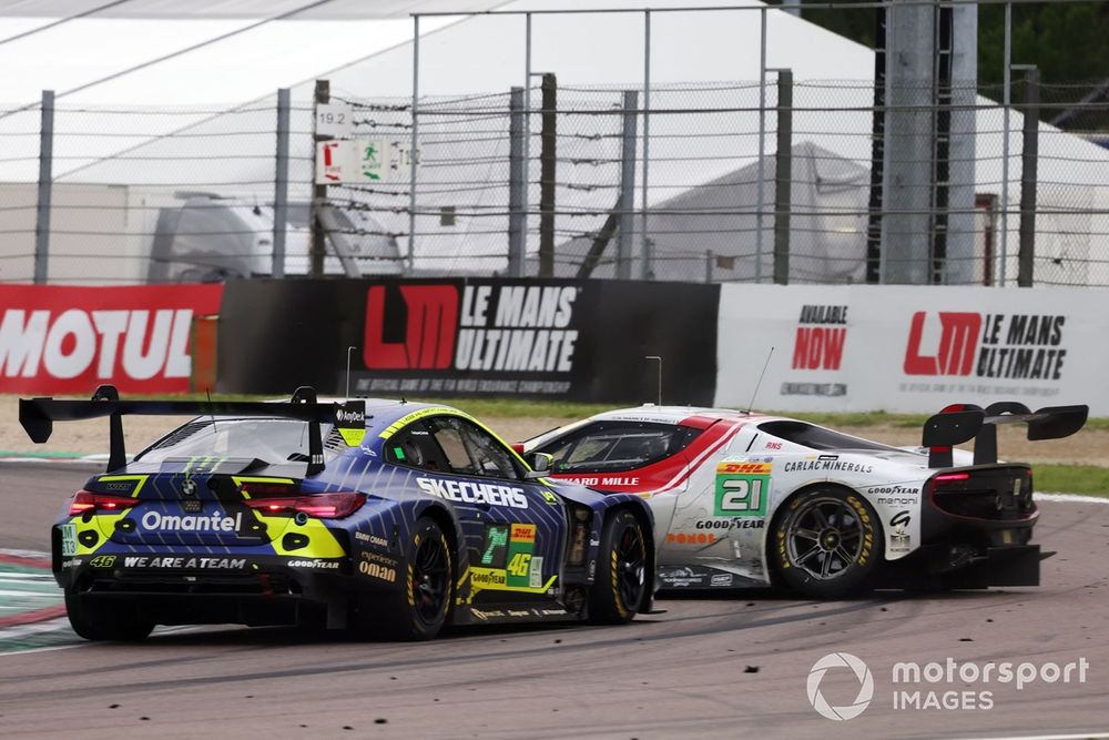 #46 Team WRT BMW M4 LMGT3: Ahmad Al Harthy, Valentino Rossi, Kelvin Van Der Linde, #21 Vista AF Corse Ferrari 296 LMGT3: Francois Heriau, Simon Mann, Alessio Rovera