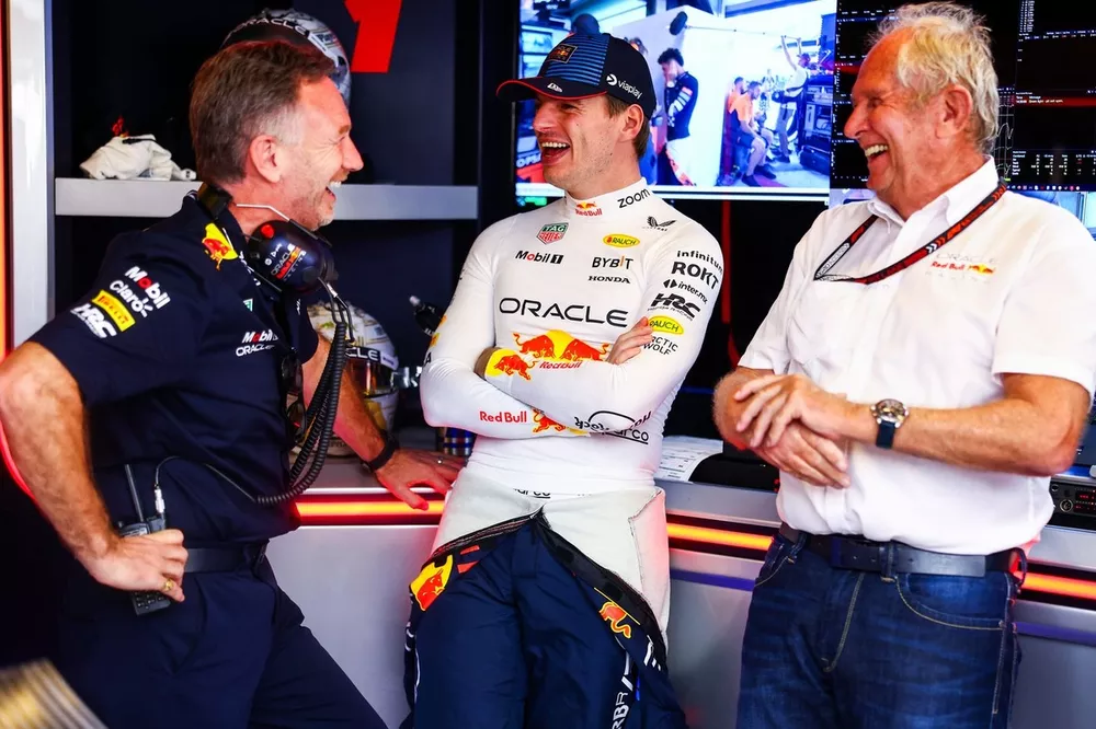 Red Bull Racing Team Principal Christian Horner, Max Verstappen, Red Bull Racing, Consultant Dr Helmut Marko