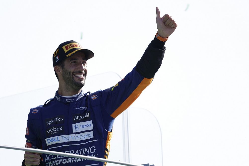Daniel Ricciardo, McLaren, 1st position, celebrates on the podium