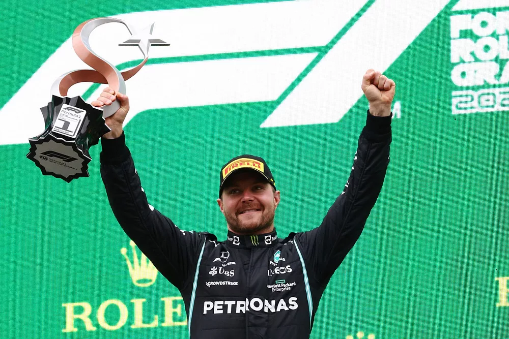 Valtteri Bottas, Mercedes, 1st position, with his trophy