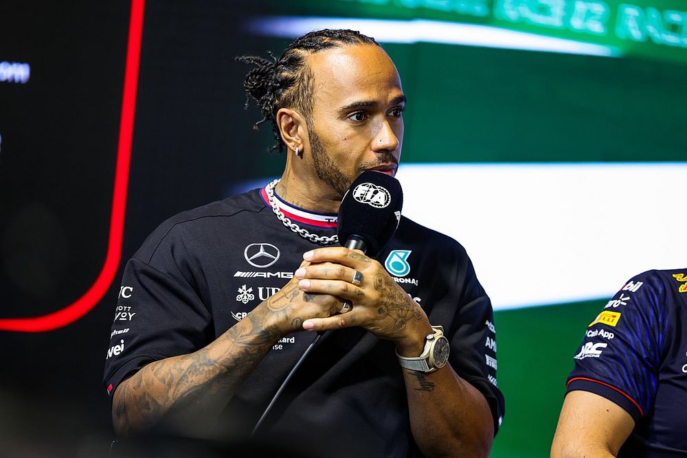 Sir Lewis Hamilton, Mercedes-AMG, with Sergio Perez, Red Bull Racing, Lance Stroll, Aston Martin F1 Team, Esteban Ocon, Alpine F1 Team, and Kevin Magnussen, Haas F1 Team, during the press conference