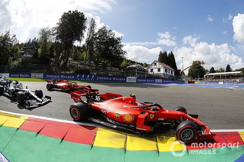 Charles Leclerc, Ferrari SF90, leads Sebastian Vettel, Ferrari SF90, Lewis Hamilton, Mercedes AMG F1 W10 and Valtteri Bottas, Mercedes AMG W10 