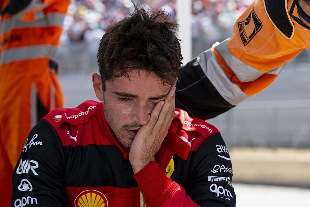 A despondent Charles Leclerc, Ferrari F1-75, after crashing out of the lead at Le Beausset