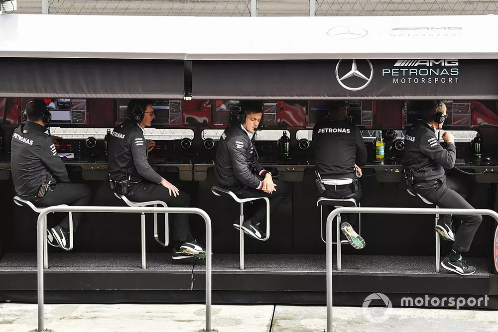 The Mercedes team on the pit wall