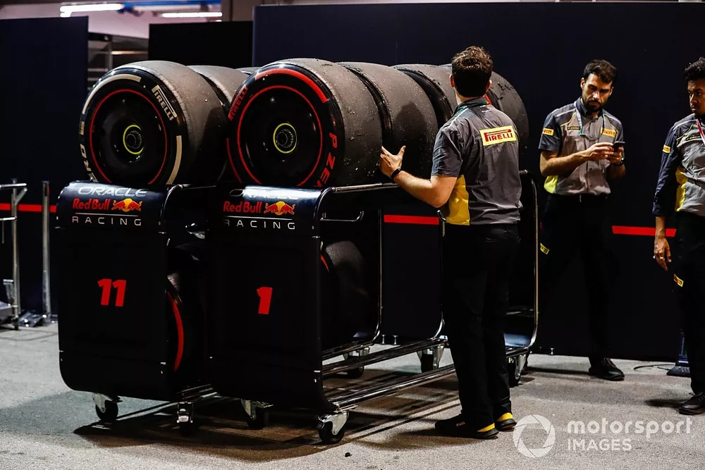 Pirelli technicians work on some tyres