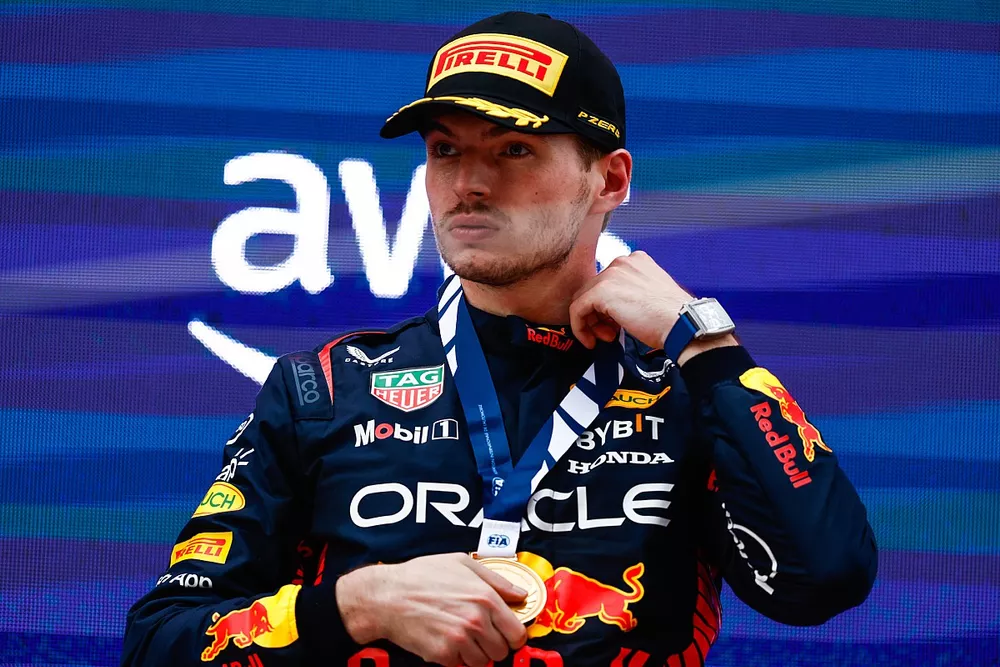 Max Verstappen, Red Bull Racing, 1st position, with his FIA medal