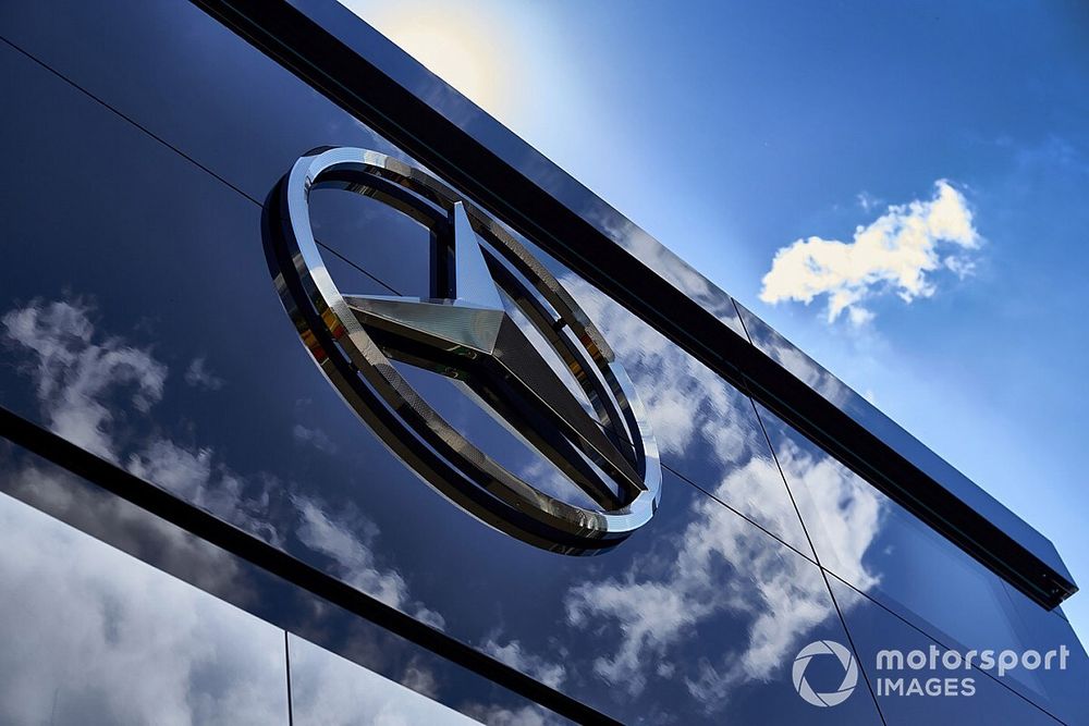 Mercedes logo on the Mercedes garage in the paddock