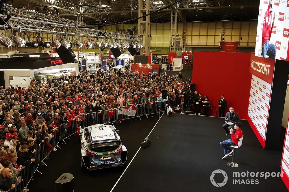 Presenter Stuart  Codling interviews Charles Leclerc, Ferrari on the Autosport stage in front of a large crowd