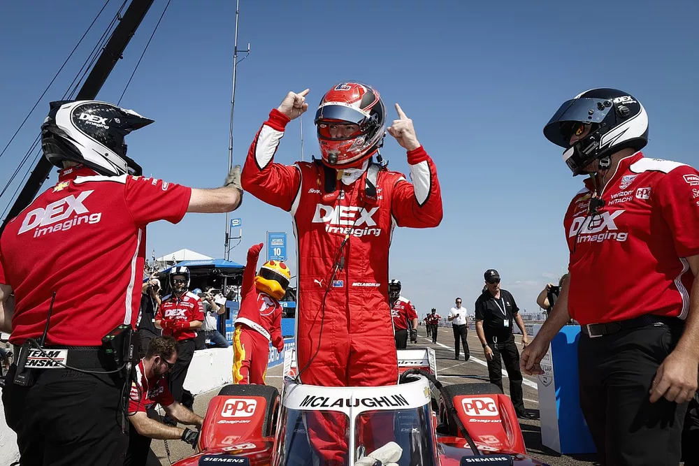 Pole sitter Scott McLaughlin, Team Penske Chevrolet celebrates his pole position